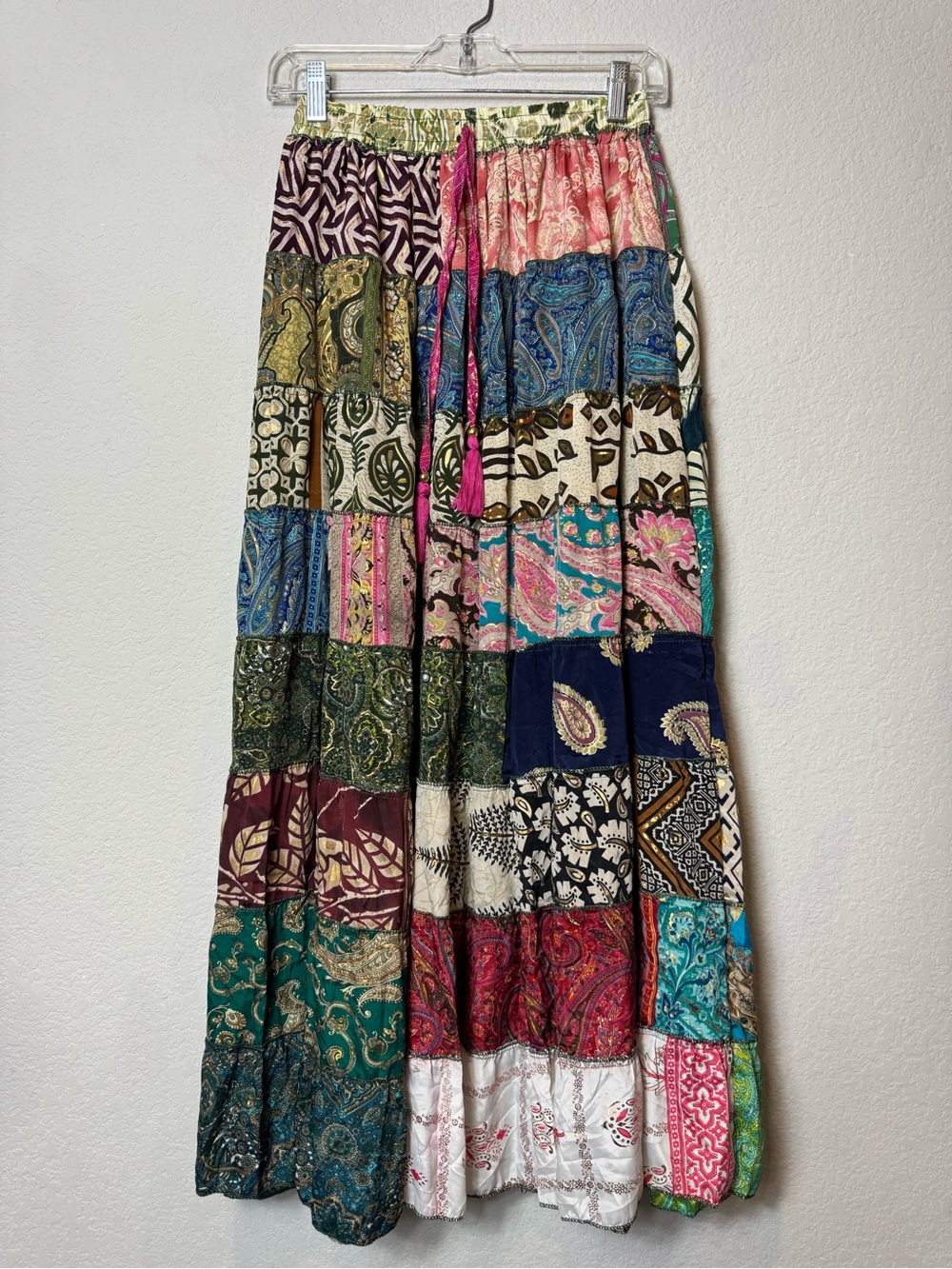Bohemian Patchwork Maxi Skirt - Multicolor Vintage Silk Sari Fabric Artisan OS